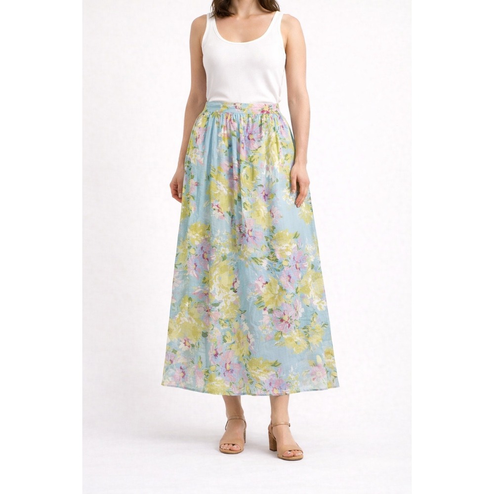 Calypso St. Barth Maxi‎ Skirt L Blue Floral Boho Cottage Resort Luxury Romantic